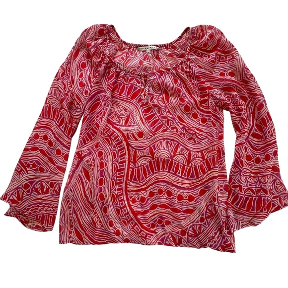 Trina Turk Silk Blend Printed Peasant Blouse keyhole neck relaxed semi sheer M - Picture 13 of 15